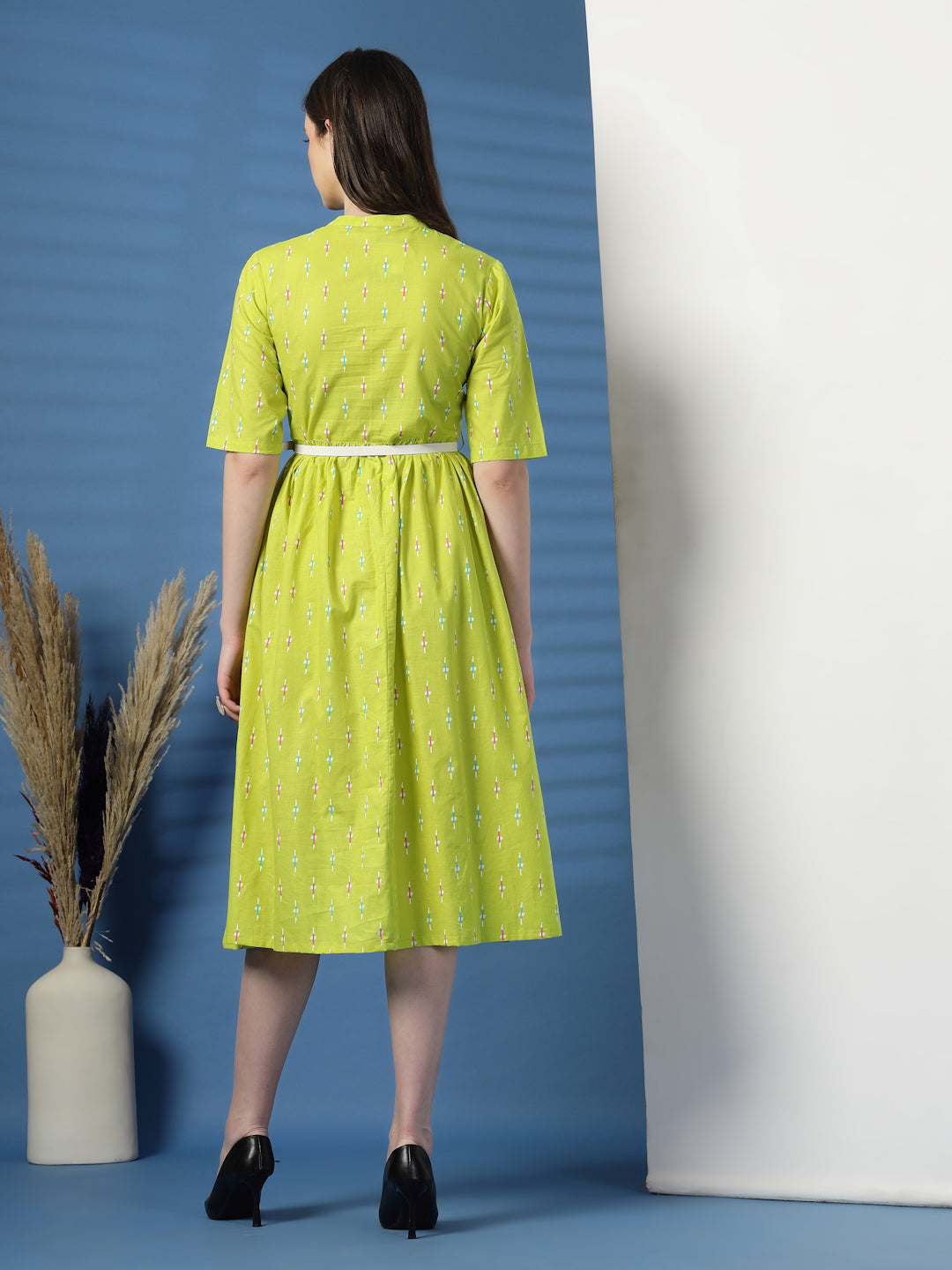Women Lime Green Printed Cotton Fit and Flare Dress