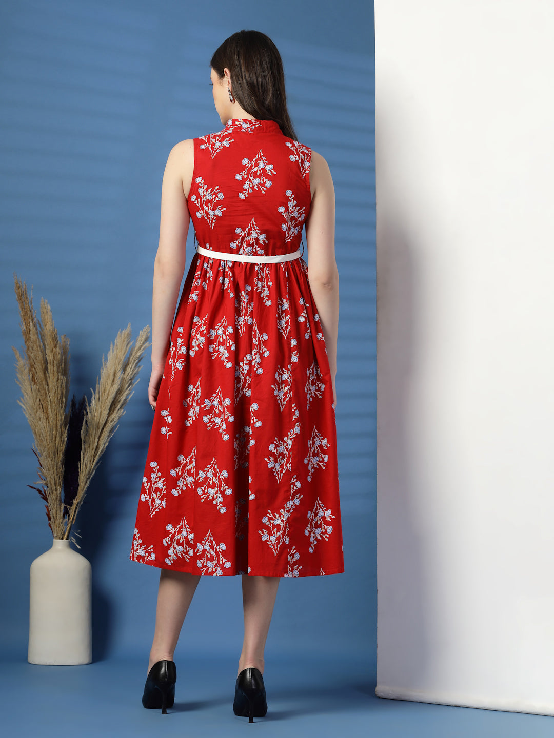 Elegant Red Printed Cotton Dress – A Timeless Classic!