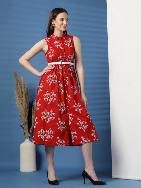Elegant Red Printed Cotton Dress – A Timeless Classic!