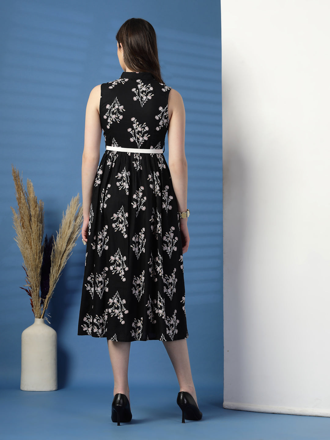 Women Black Floral Print Shirt Collar Sleeveless Shirt Style Midi Dress