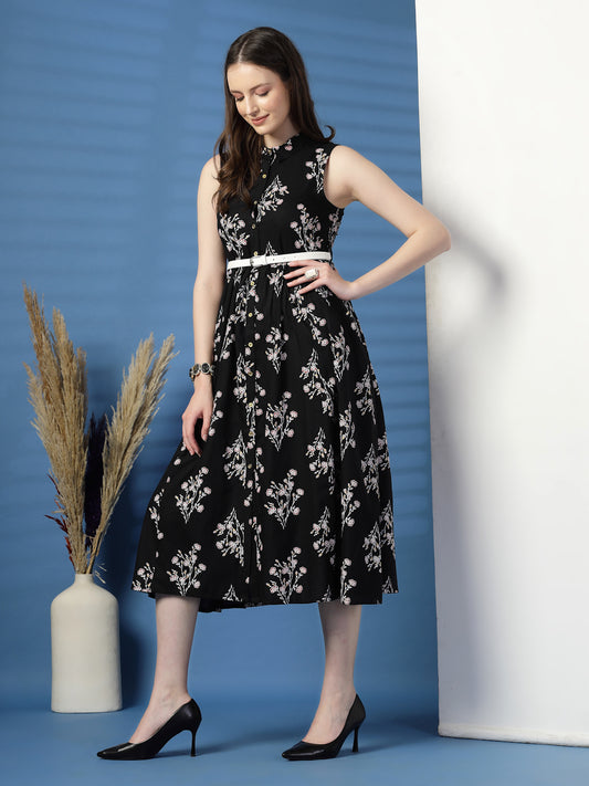 Women Black Floral Print Shirt Collar Sleeveless Shirt Style Midi Dress