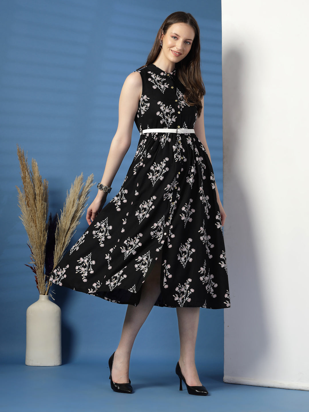Women Black Floral Print Shirt Collar Sleeveless Shirt Style Midi Dress