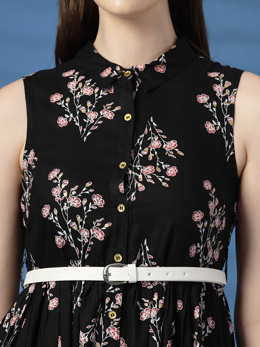 Women Black Floral Print Shirt Collar Sleeveless Shirt Style Midi Dress