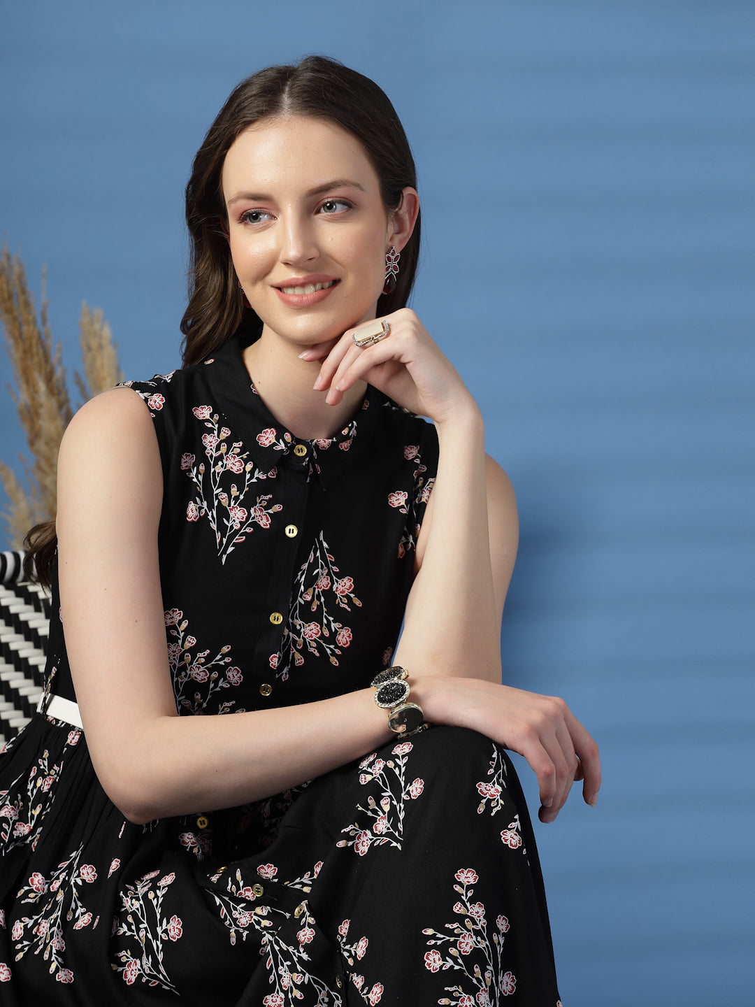 Women Black Floral Print Shirt Collar Sleeveless Shirt Style Midi Dress