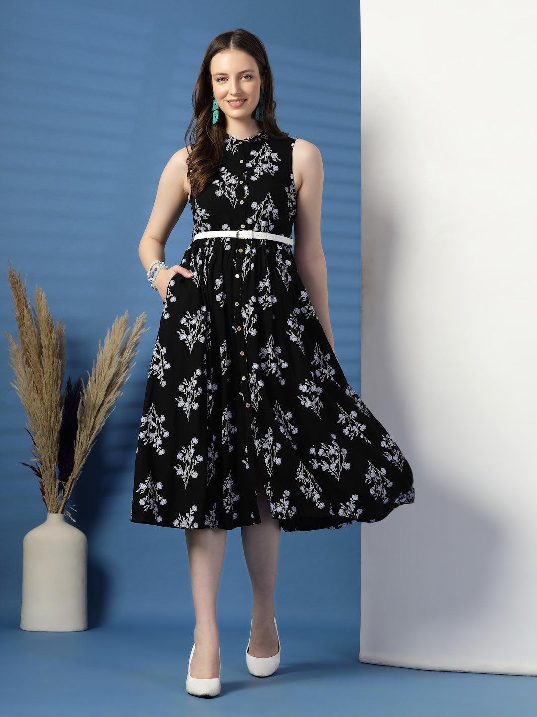 Women Floral Print Shirt Midi Dress