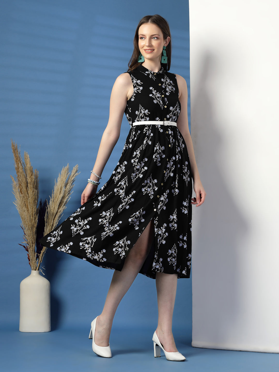 Women Floral Print Shirt Midi Dress