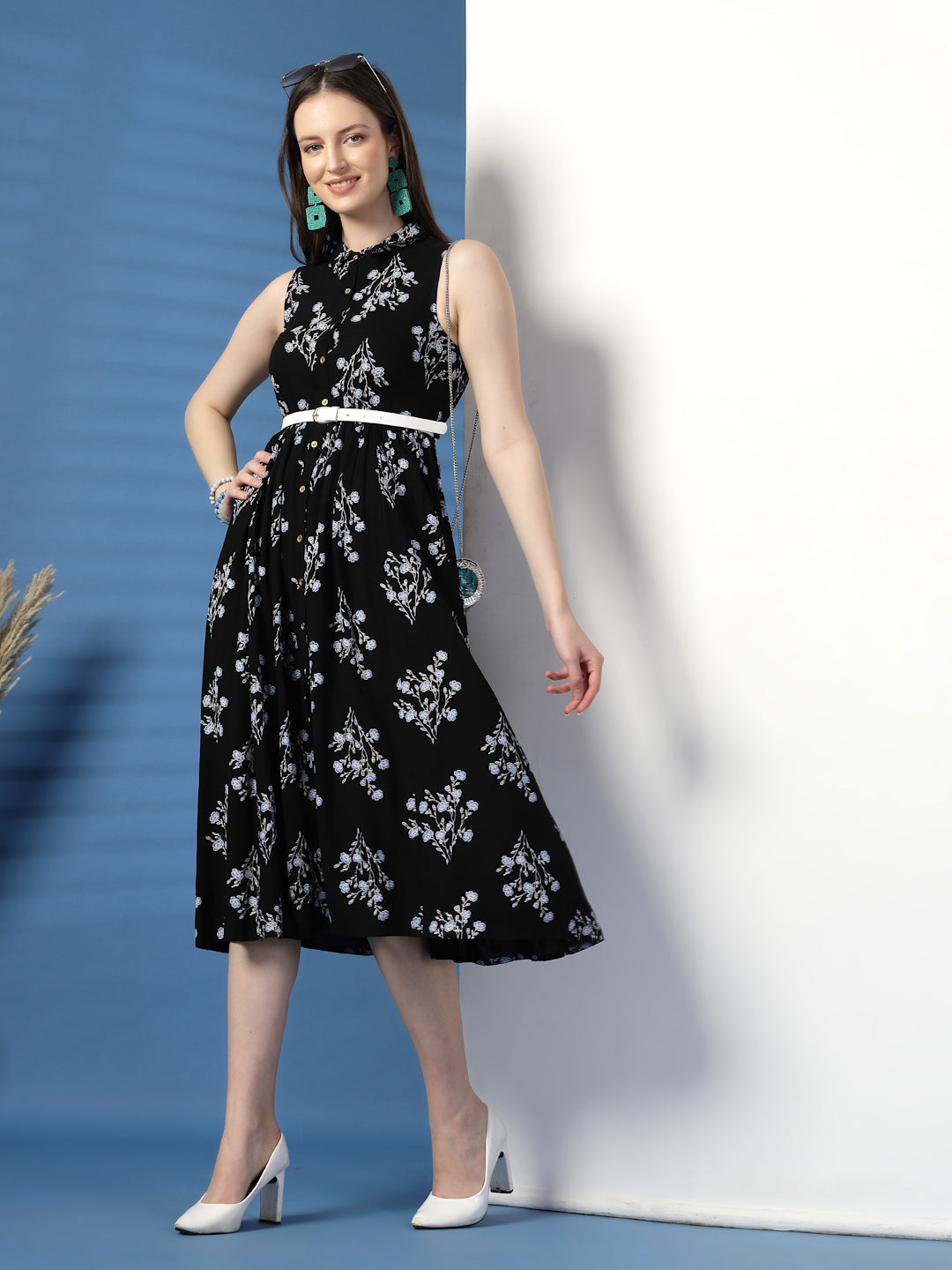 Women Floral Print Shirt Midi Dress