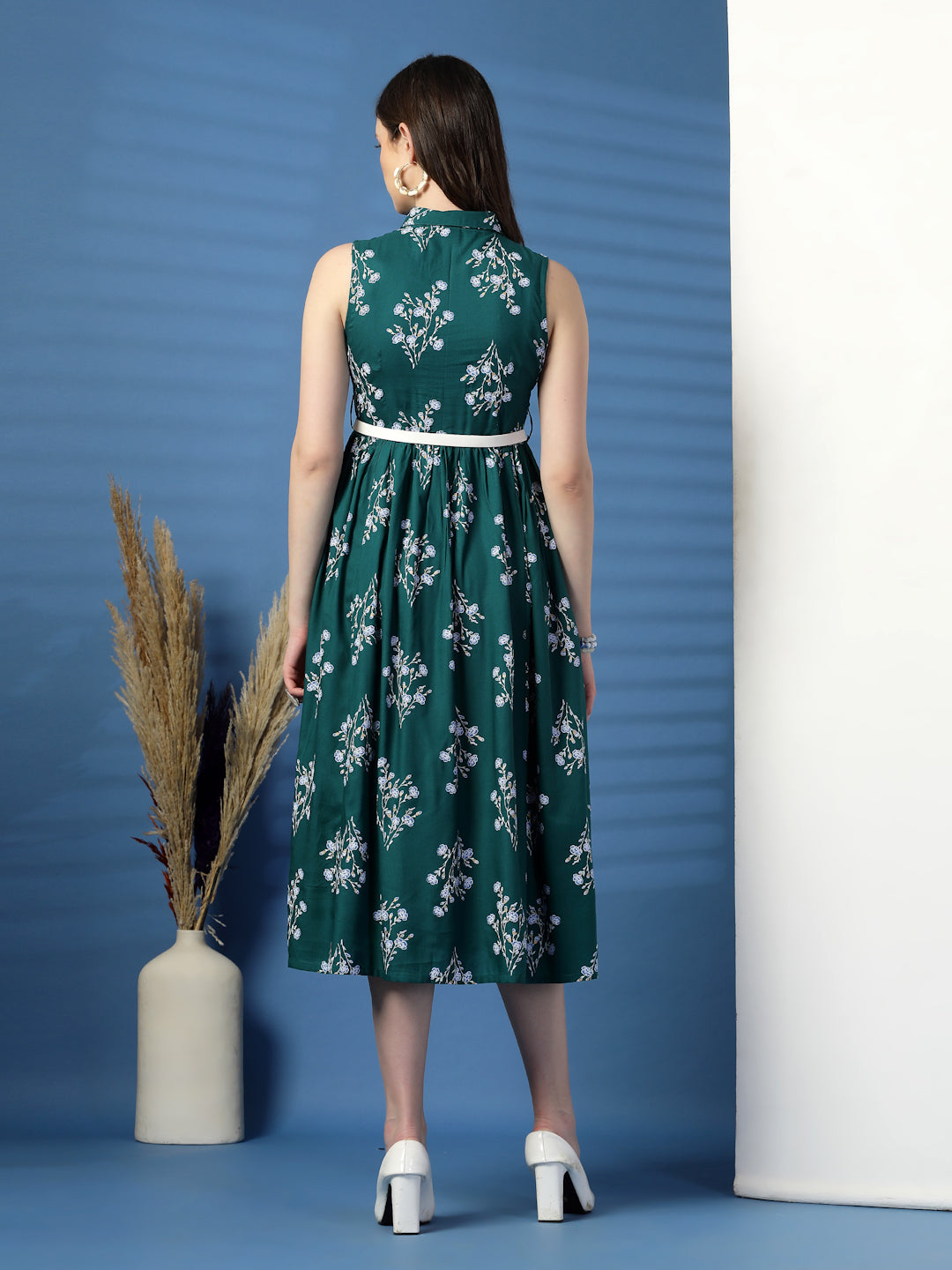 Women Green Floral Print Shirt Collar Sleeveless Shirt Style Midi Dress