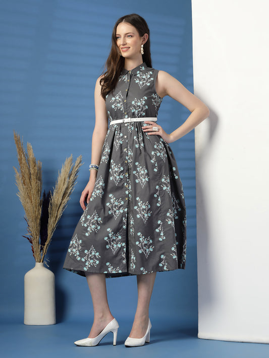 Elegant Grey Sleeveless Printed Cotton Dress