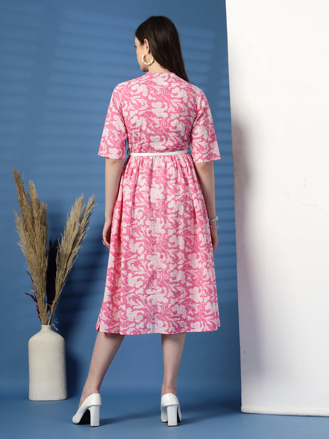 Women Pink Color Printed Pure Cotton Fit and Flare Dress