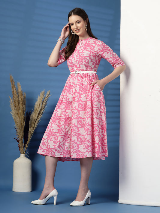 Women Pink Color Printed Pure Cotton Fit and Flare Dress