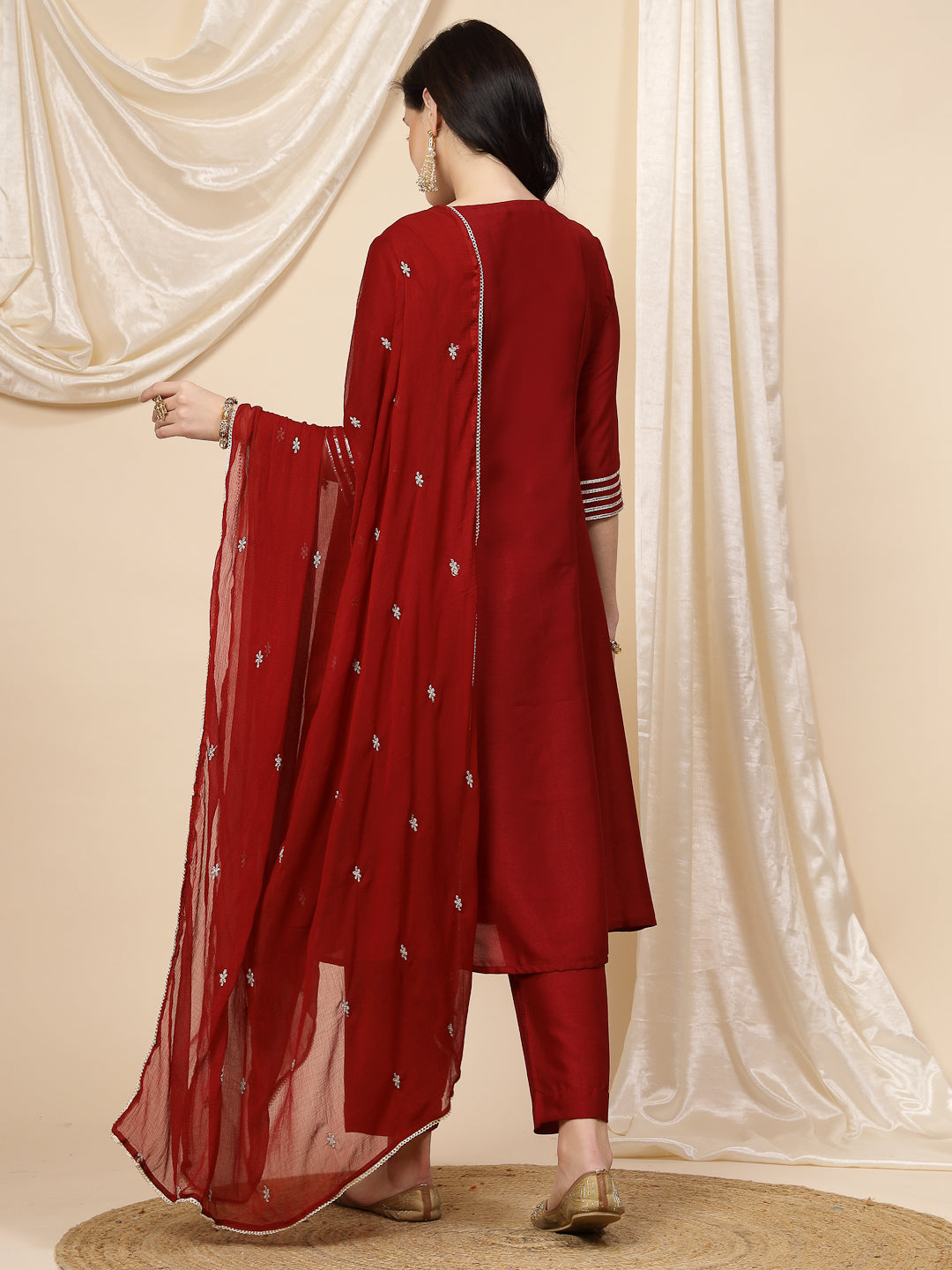 Women Maroon Mirror Work Embroidered Anarkali Kurta With Trouser & Dupatta