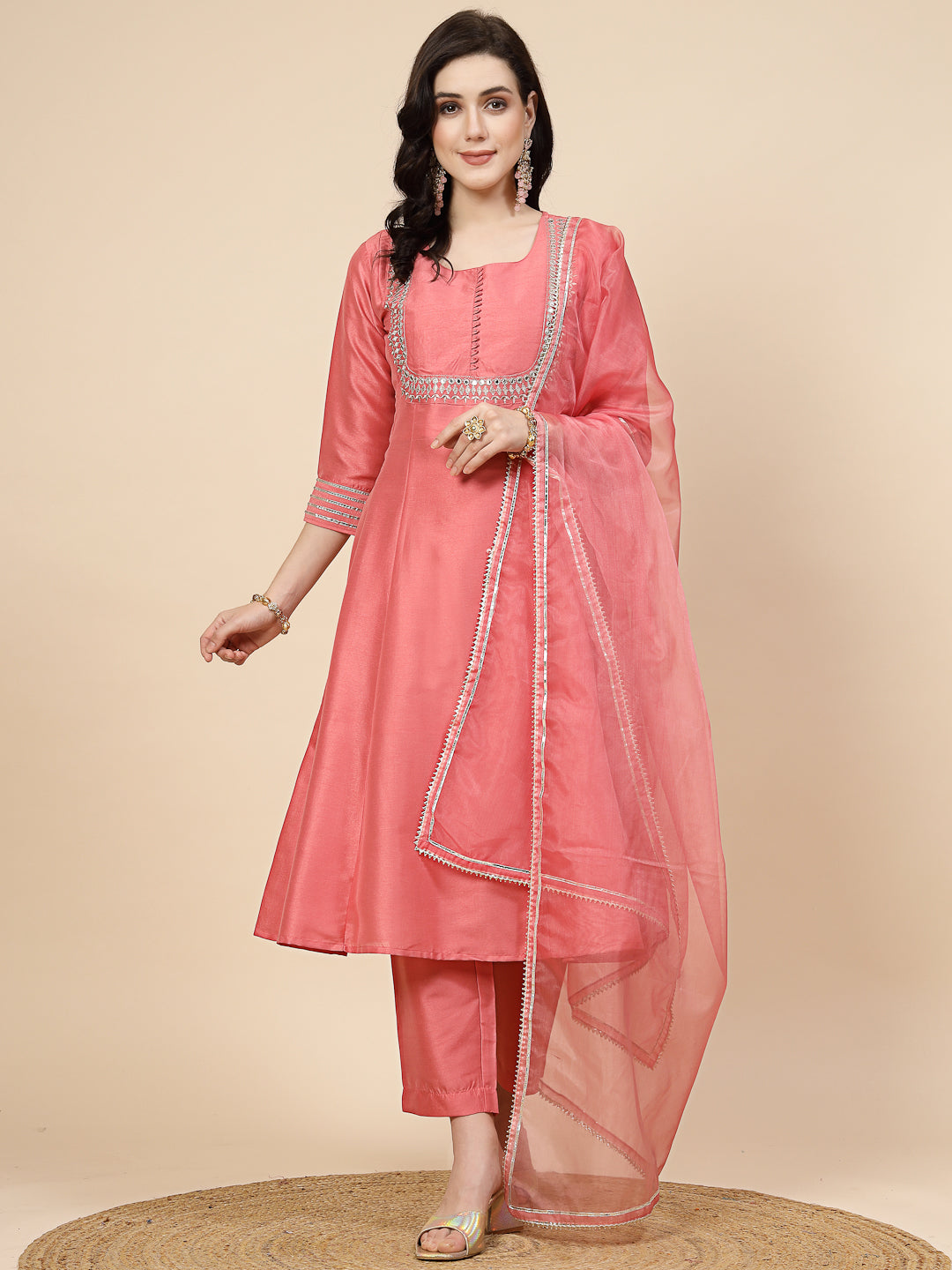 Women Peach-Coloured Mirror Work Embroidered Anarkali Kurta & Trousers With Dupatta