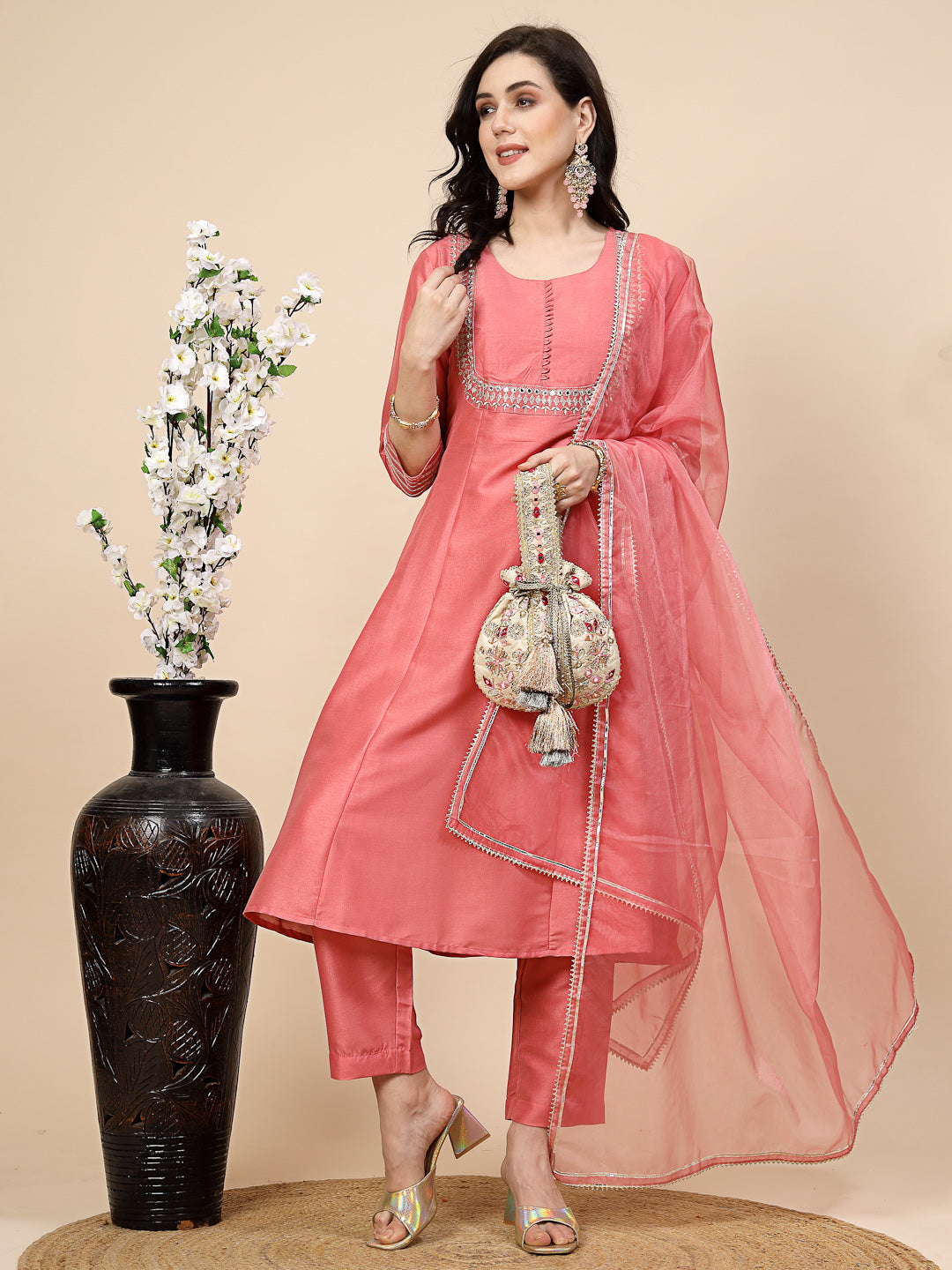 Women Peach-Coloured Mirror Work Embroidered Anarkali Kurta & Trousers With Dupatta