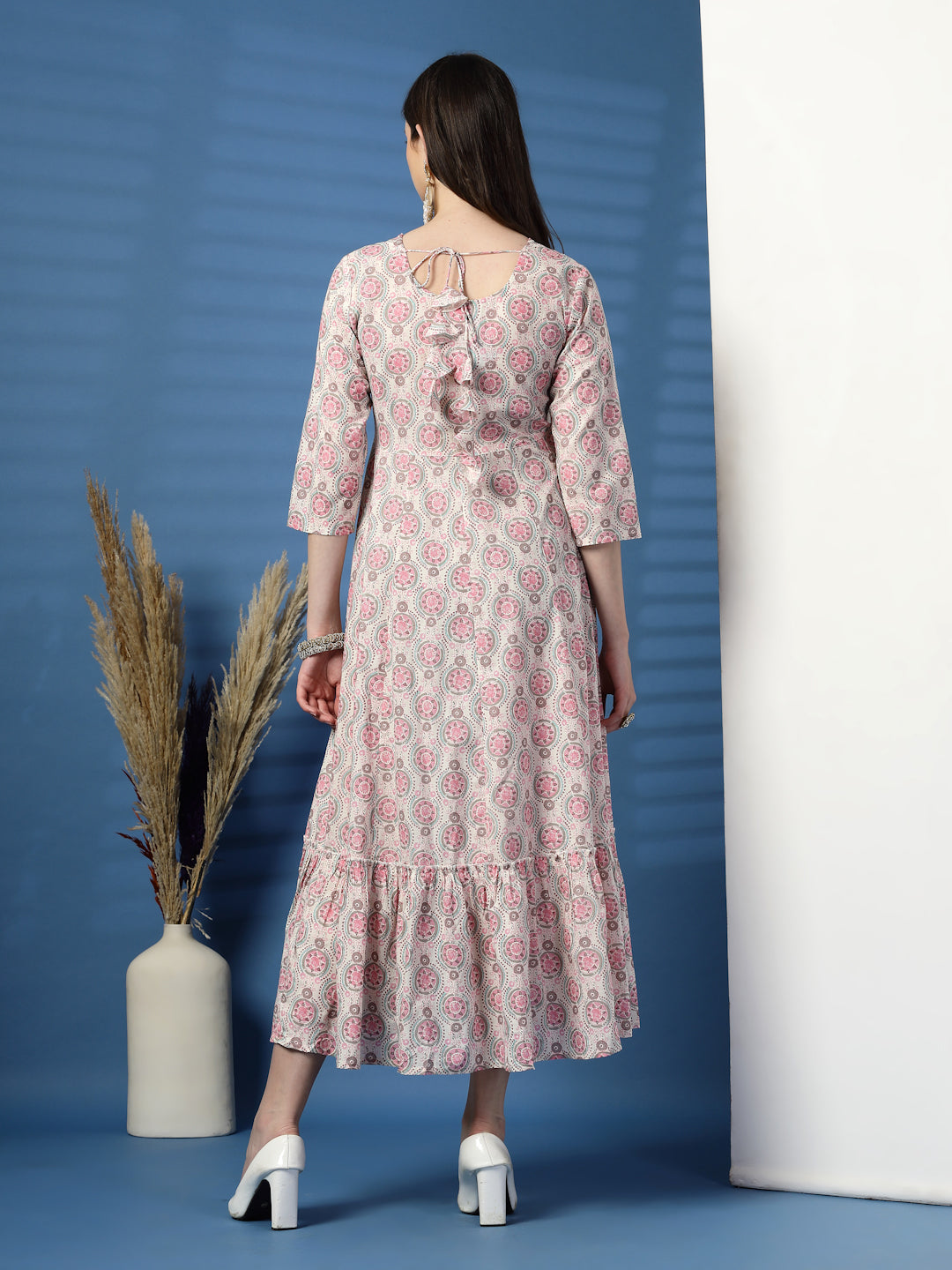 Elegant Beige Anarkali Dress with Printed & Threadwork Detailing - Rama's Kurti Jaipur