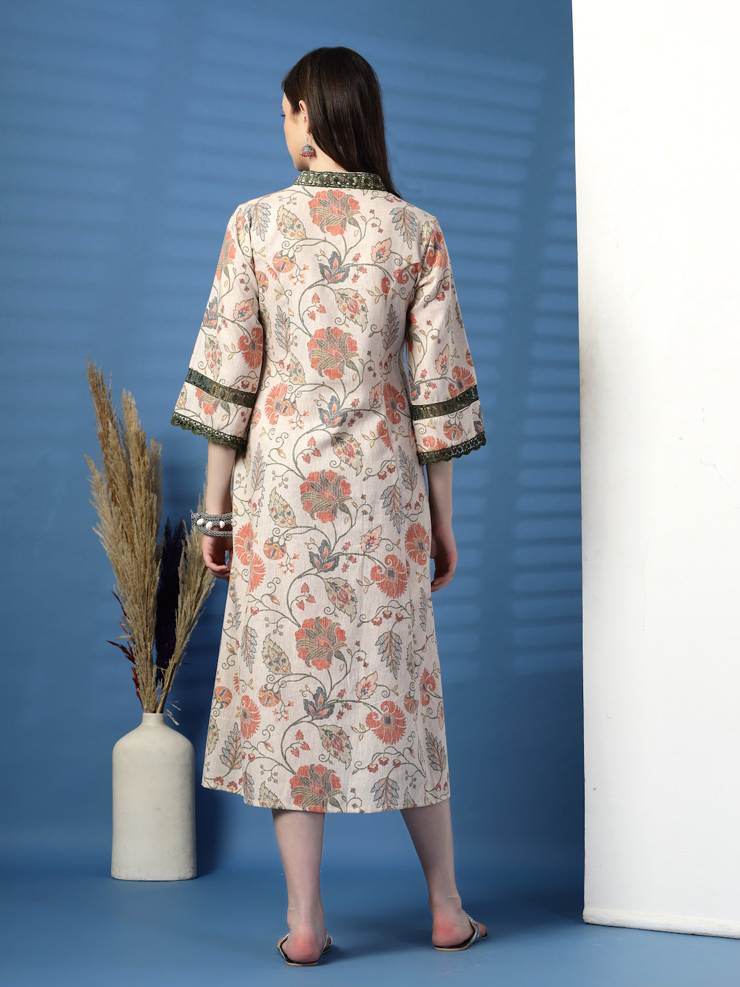 Elegant Beige A-Line Dress with Printed & Threadwork Detailing - Rama's Kurti Jaipur