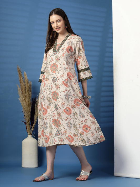 Elegant Beige A-Line Dress with Printed & Threadwork Detailing - Rama's Kurti Jaipur