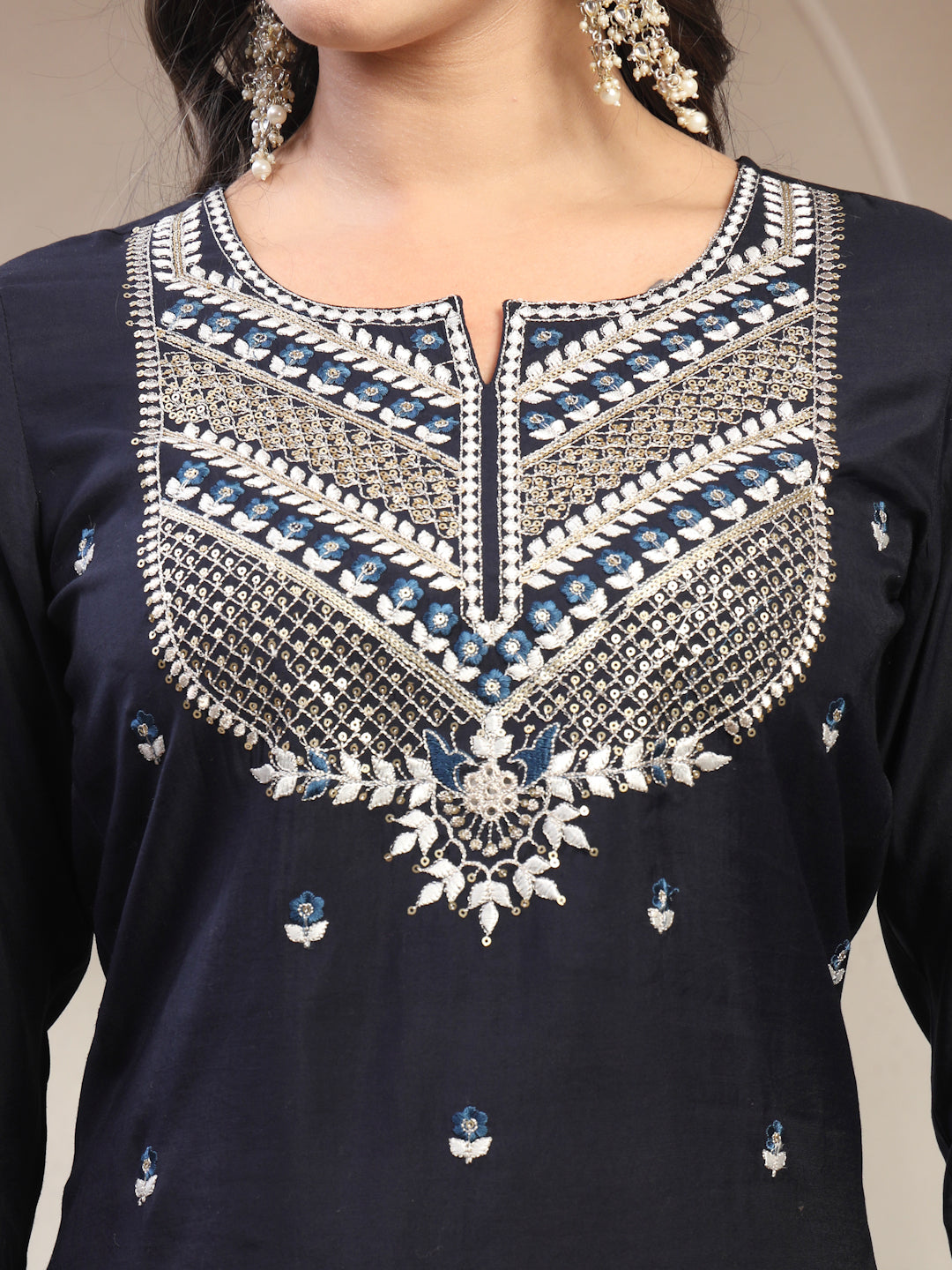 Women Navy Blue Embroidered Pure Silk Round Neck Straight Kurta & Trousers With Dupatta