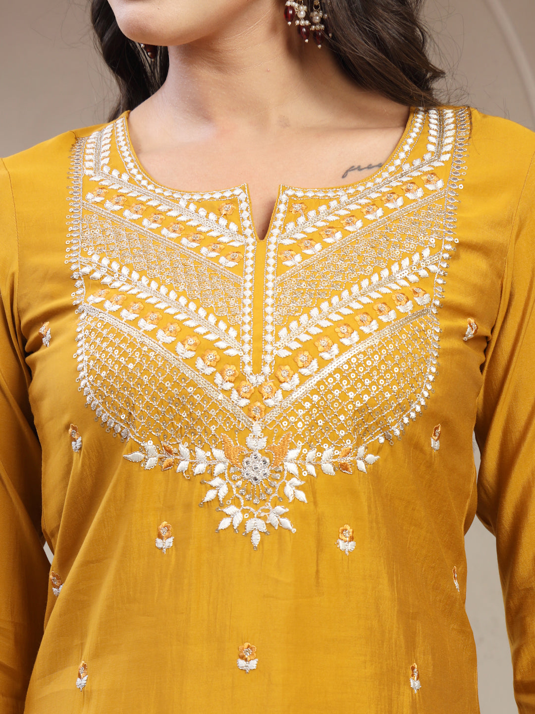 Women Mustard Embroidered Pure Silk Round Neck Straight Kurta & Trousers With Dupatta