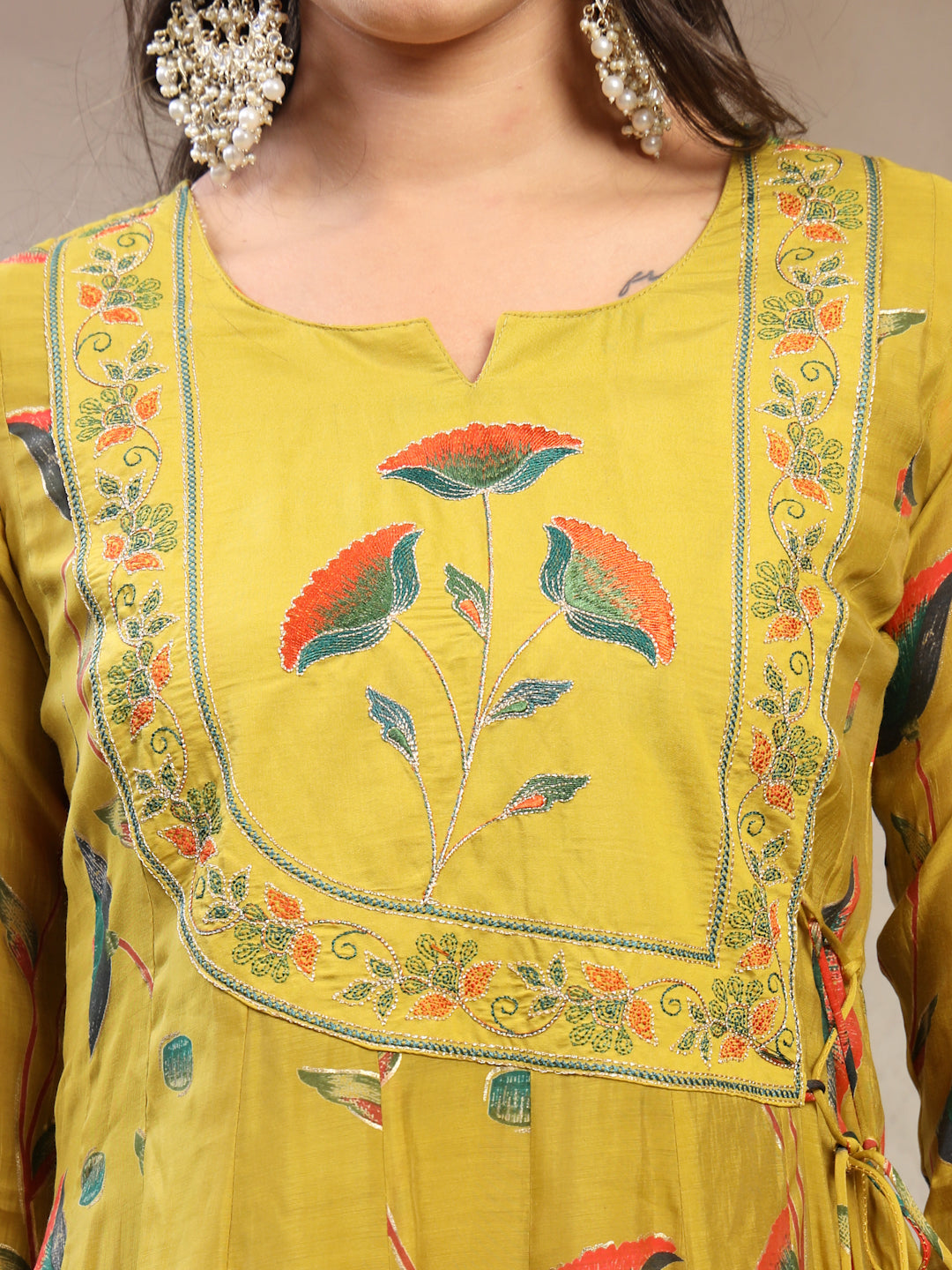 Women Lime Green Embroidered Kurta & Trousers with Dupatta Set