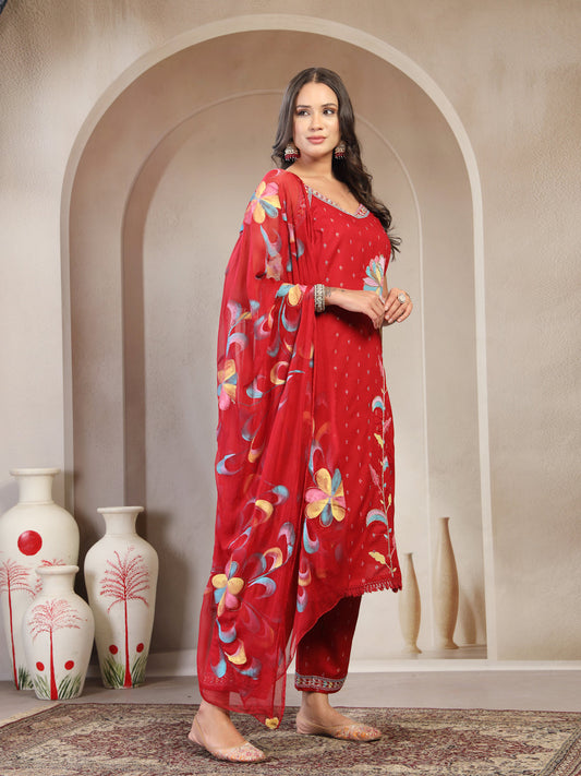 Women Red Embroidered V-Neck Straight Kurta & Trousers With Dupatta
