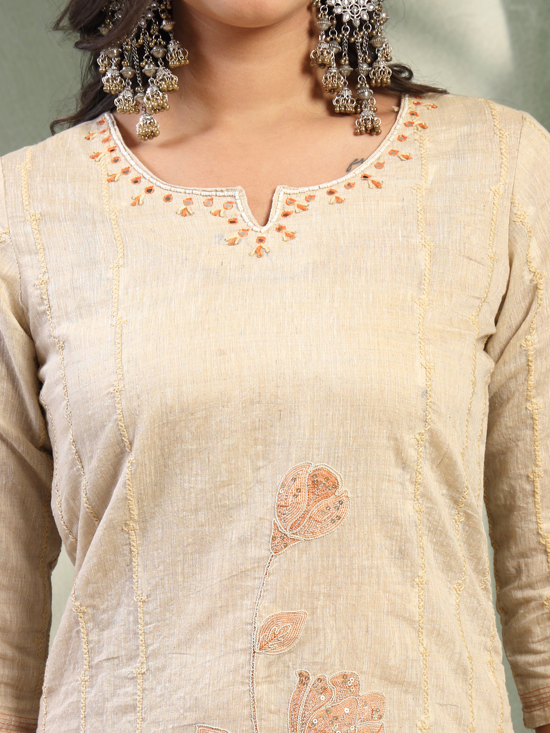 Women Beige Color Orange Embroidered Kurta & Trousers with Dupatta Set