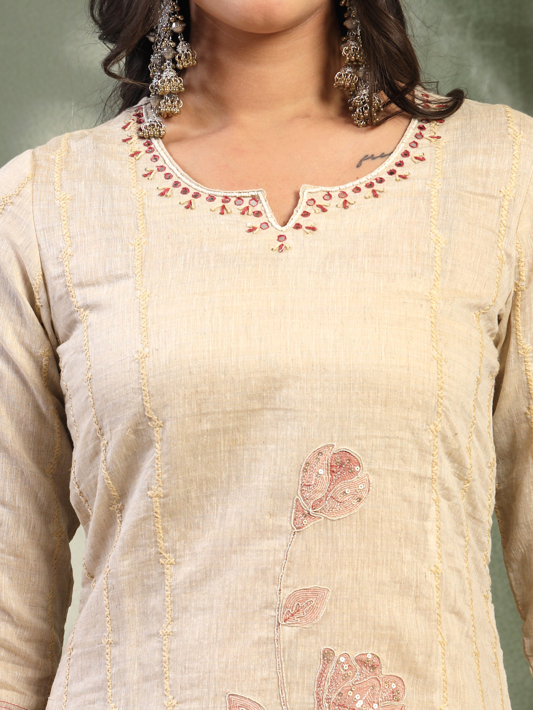Women Beige Embroidered Notched Neck Kurta & Trousers with Dupatta Set