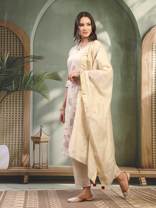 Women Beige Embroidered Notched Neck Kurta & Trousers with Dupatta Set