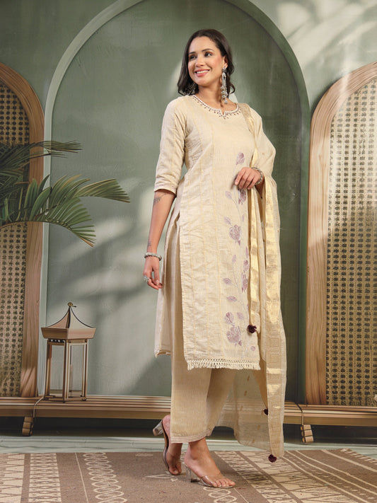 Women Beige Embroidered Kurta & Trousers with Dupatta Set
