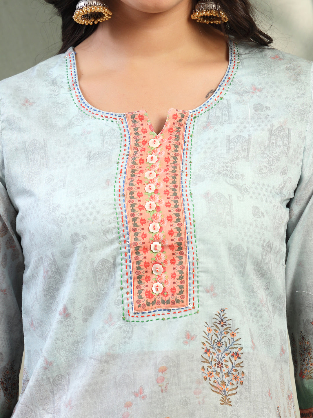 Women Turquiose Blue Printed Kurta & Trousers with Dupatta Set