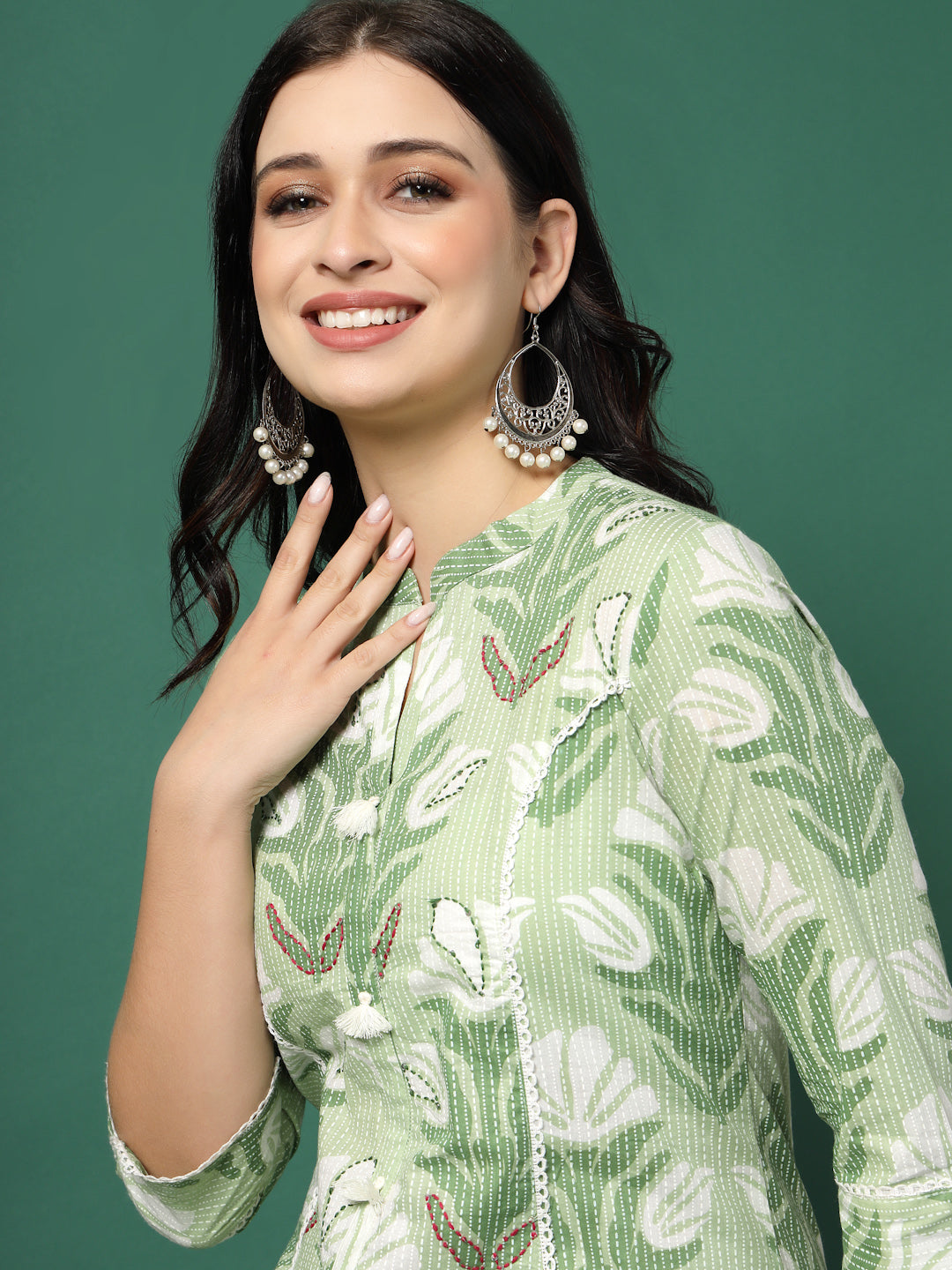 Shweta in Green Printed A-Line Kurta