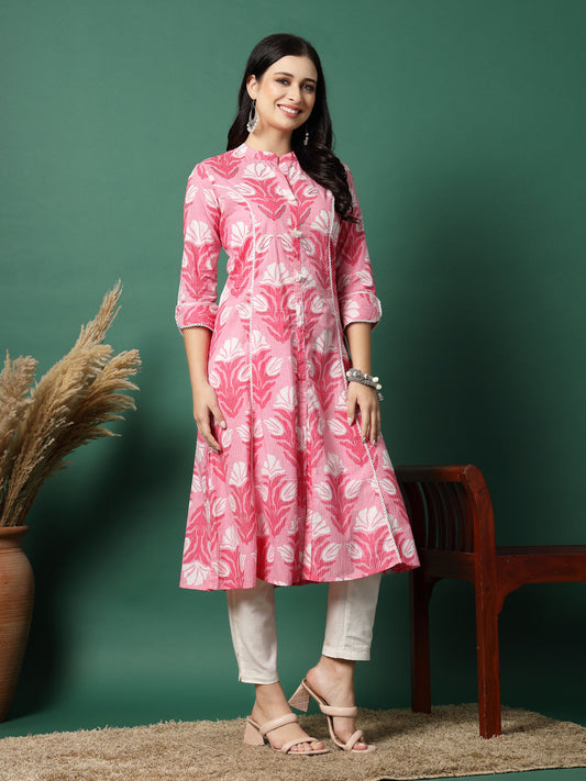 Women Pink Cotton Printed A-Line Kurta