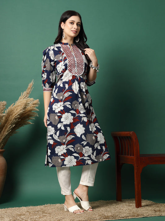 Women Blue Embroidery Printed A-line Kurta