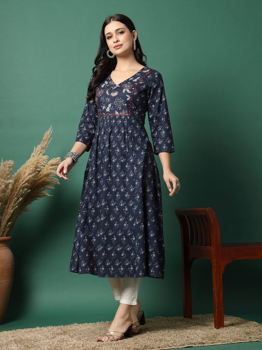Women Navy Blue Cotton Printed A-Line Kurta