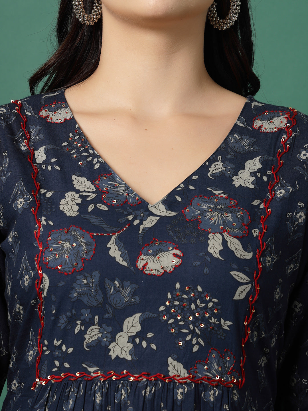 Women Navy Blue Cotton Printed A-Line Kurta