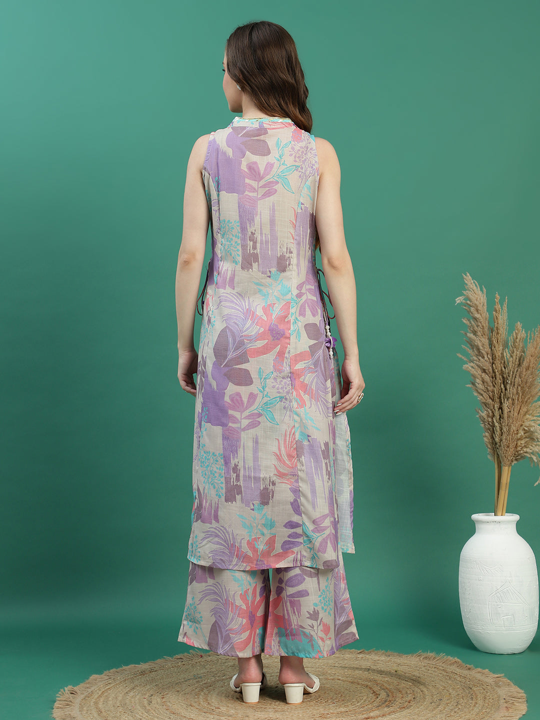 Women Beige Floral Printed Mirror Work V-Neck Straight Kurta With Trousers