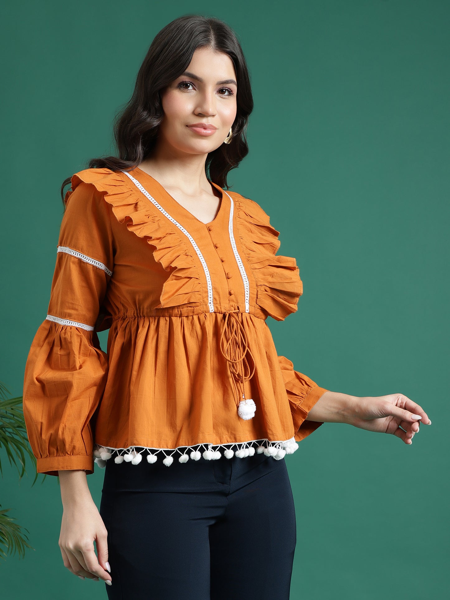 Women Mustard Color V-Neck Gathered Cotton Peplum Tops