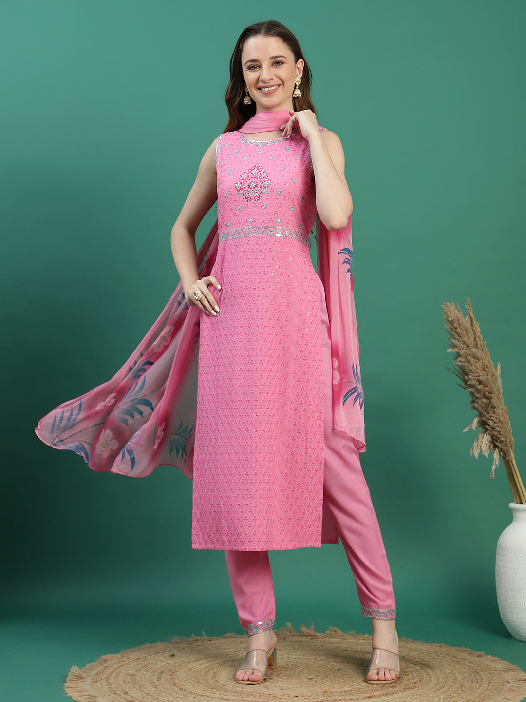 Women Pink Embroidered Sleeveless Straight Kurta Set