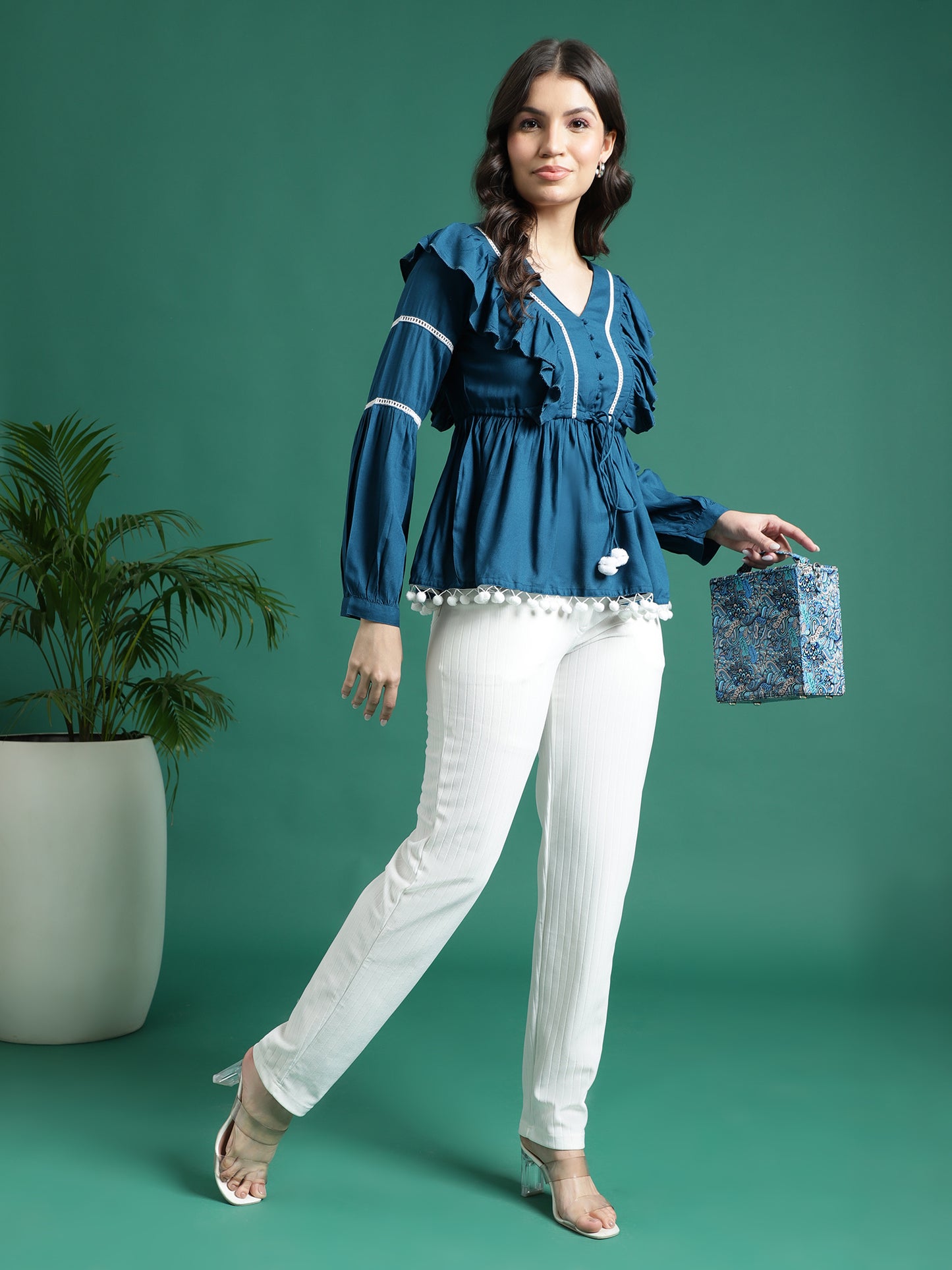 Women Blue V-Neck Gathered Cotton Peplum Tops