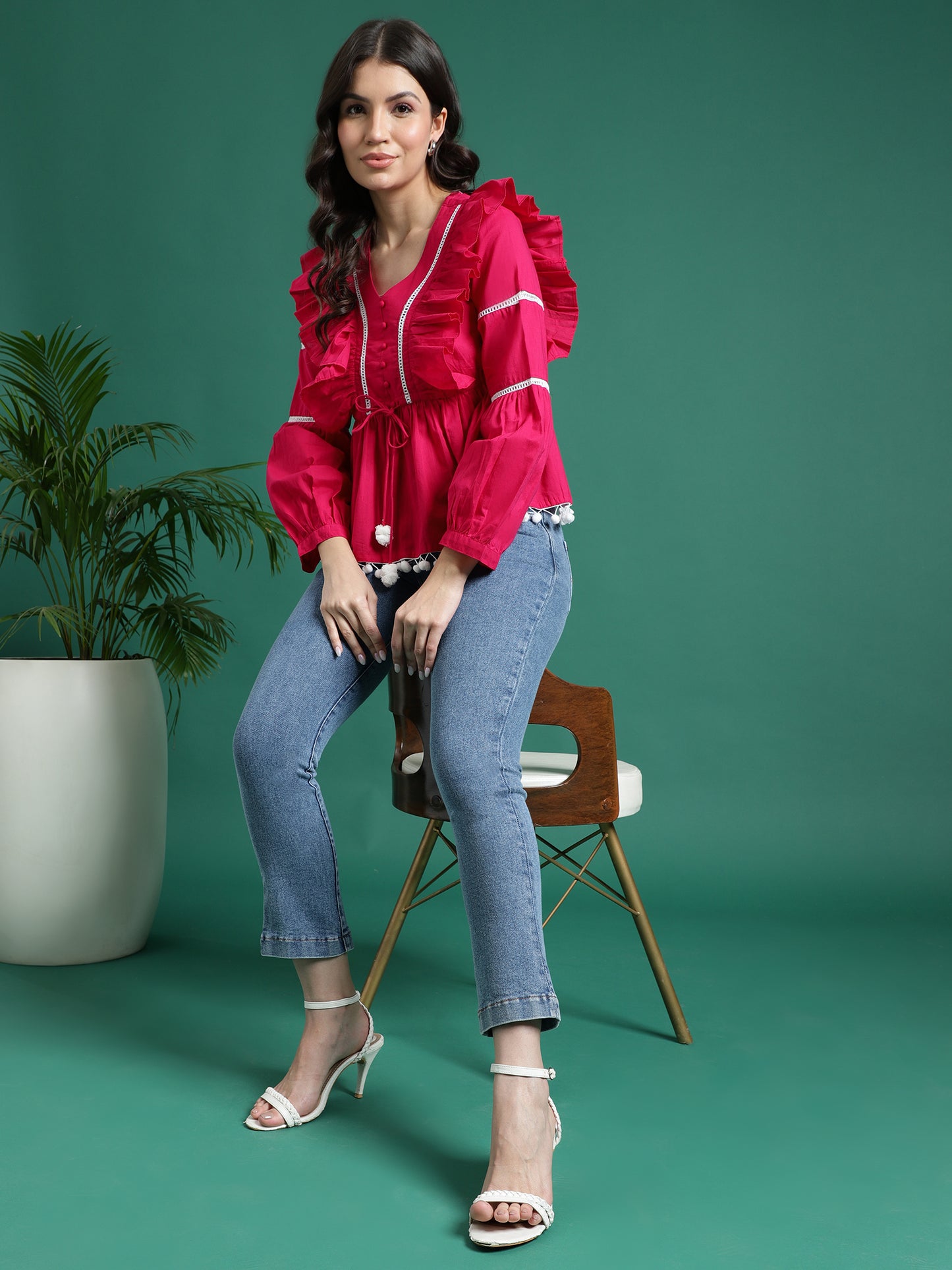 Women Pink Color V-Neck Gathered Cotton Peplum Tops