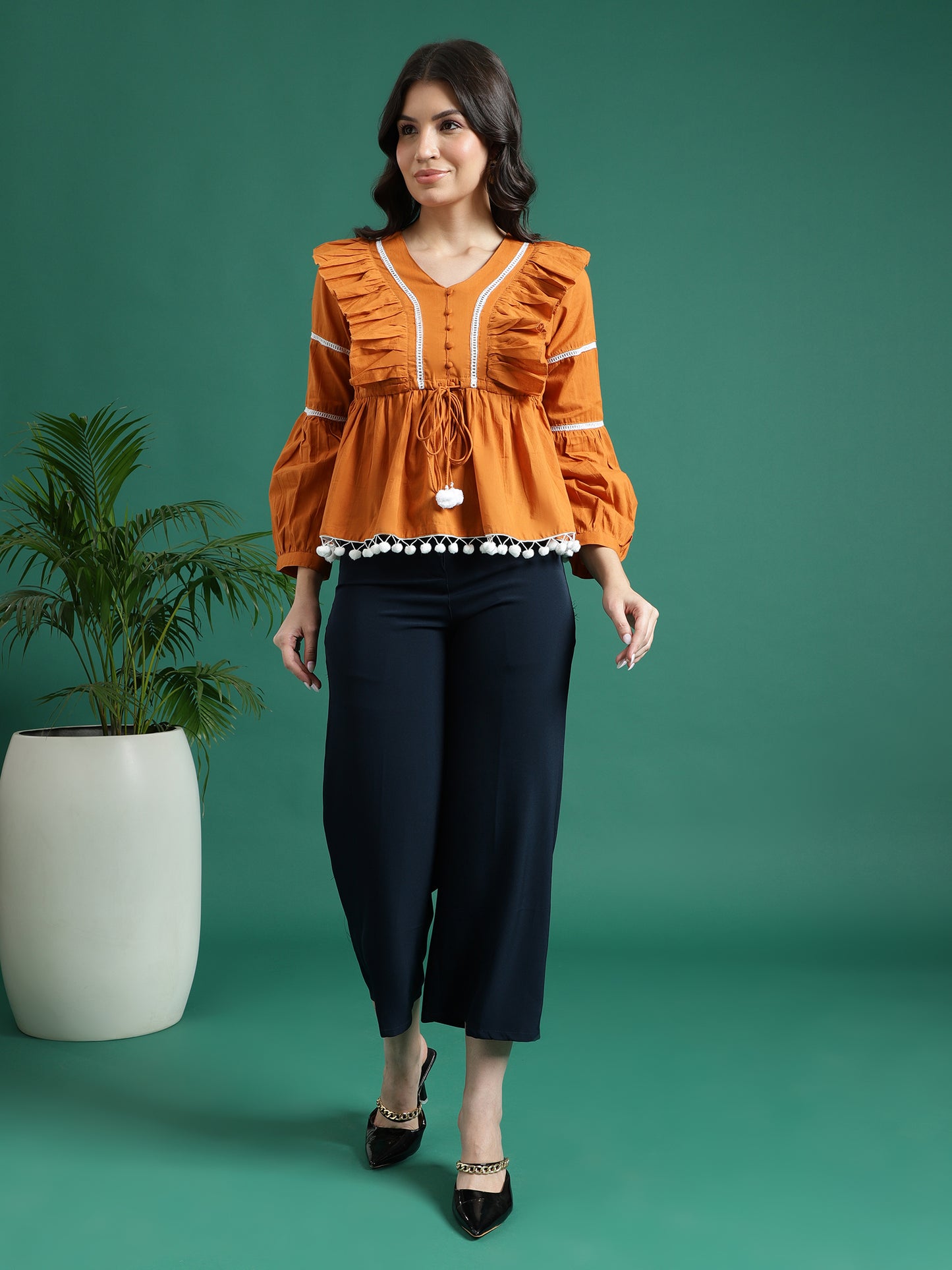 Women Mustard Color V-Neck Gathered Cotton Peplum Tops