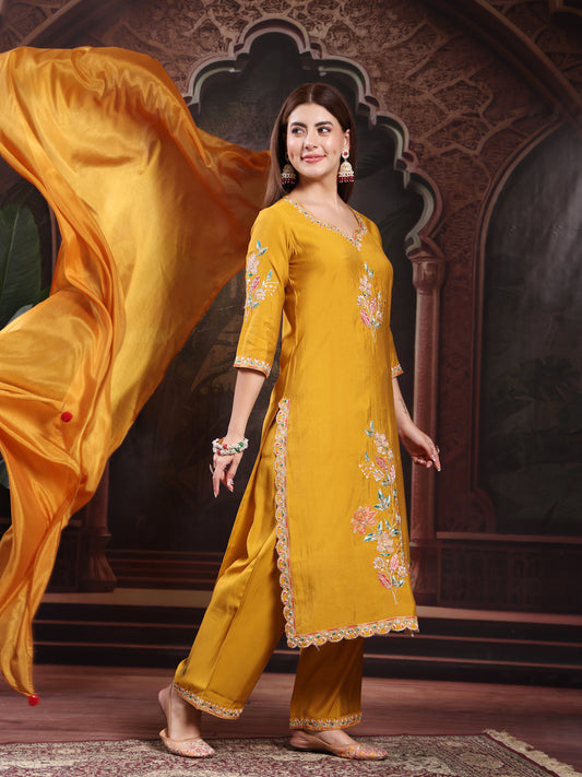 Women Mustard Color Embroidery Kurta With Palazzo & Dupatta Set
