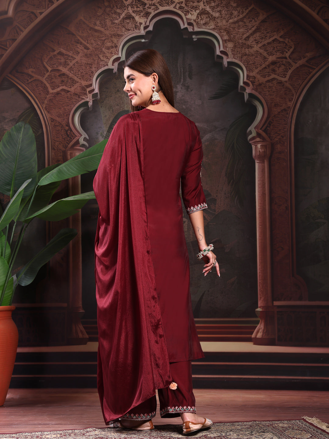 Women Maroon Color Embroidery Kurta With Palazzo & Dupatta Set