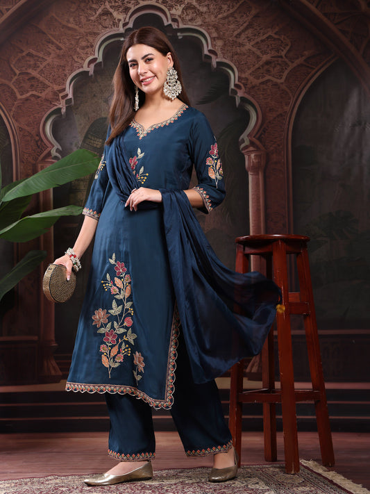 Women Teal Blue Color Embroidery Kurta With Palazzo & Dupatta Set