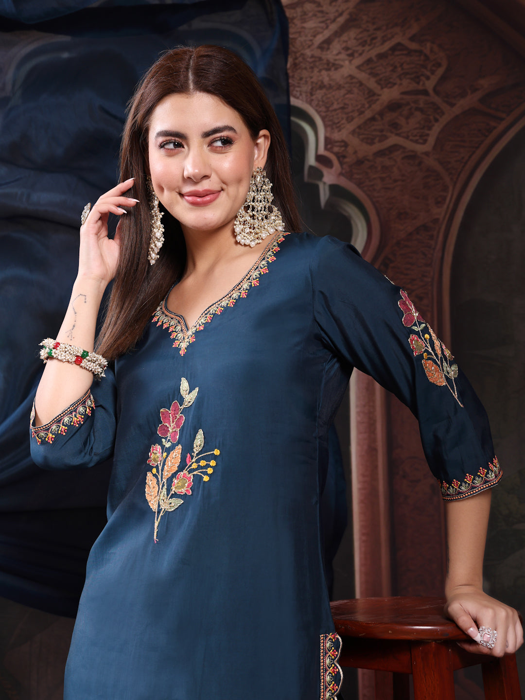Women Teal Blue Color Embroidery Kurta With Palazzo & Dupatta Set