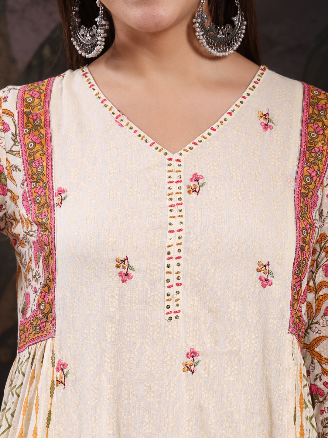 Women Cream Color Printed Embroidery Anarkali Kurta With Trouser & Dupatta Set