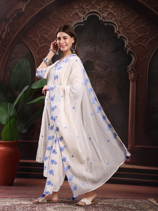 Women Off White Embroidery Kurta With Palazzo & Dupatta Set