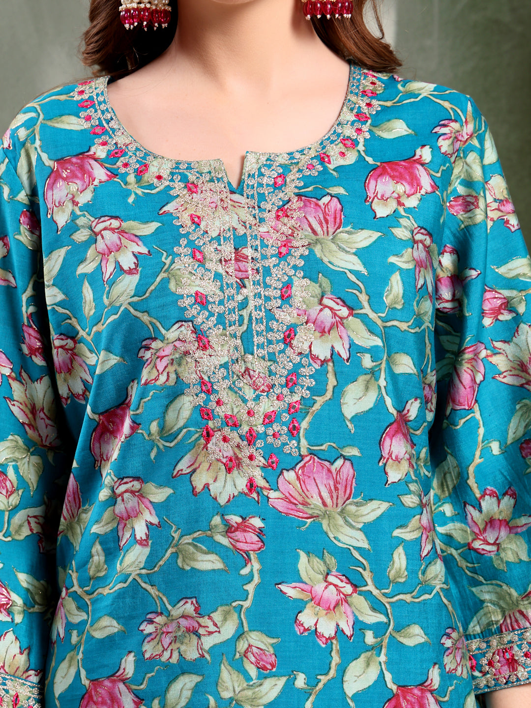 Ramas Embroidered Round Neck Straight Kurta & Sharara With Dupatta