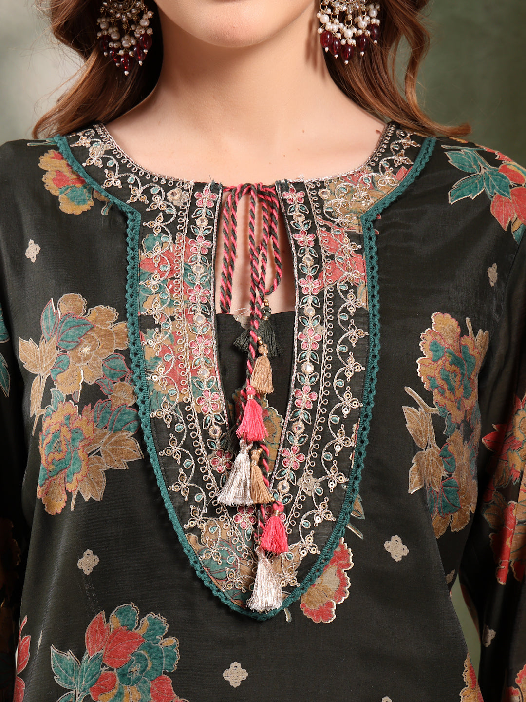 Ramas Embroidered Tie-Up Neck Straight Kurta & Sharara With Dupatta