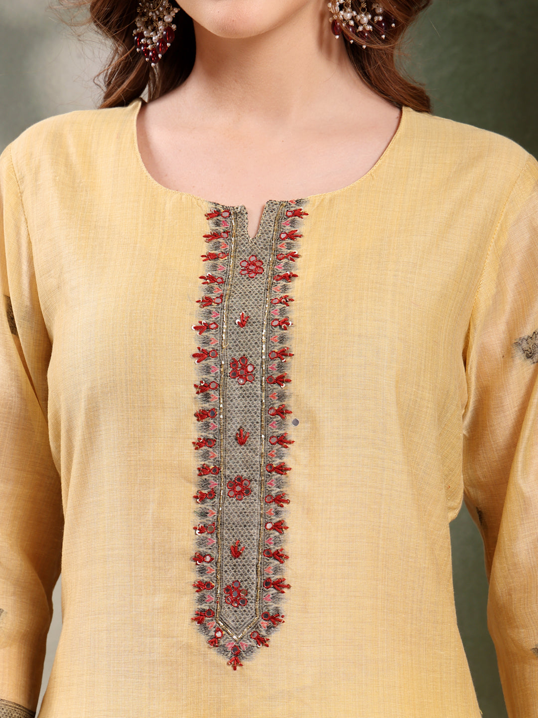 Ramas Woven Design Mirror Work Straight Round Neck Kurta & Palazzos With Dupatta